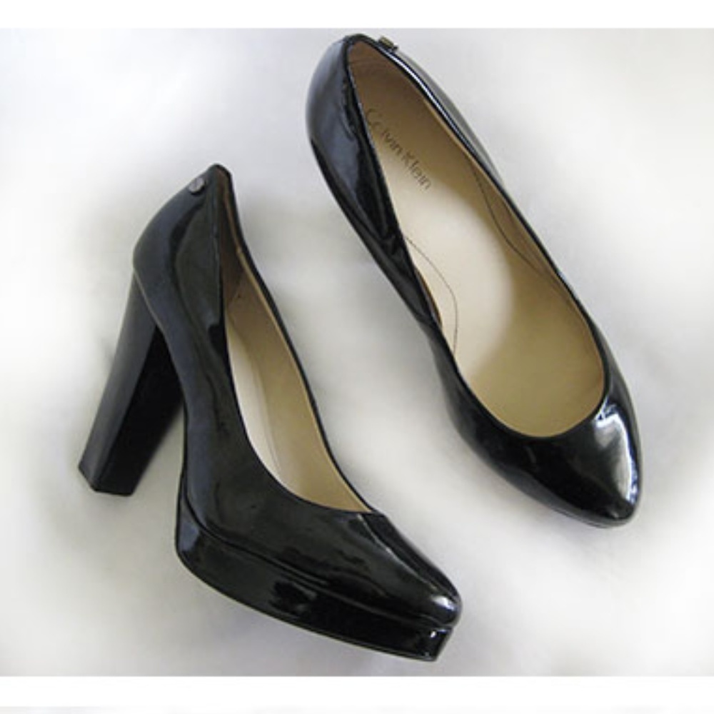 Calvin Klein black patent platform pumps
